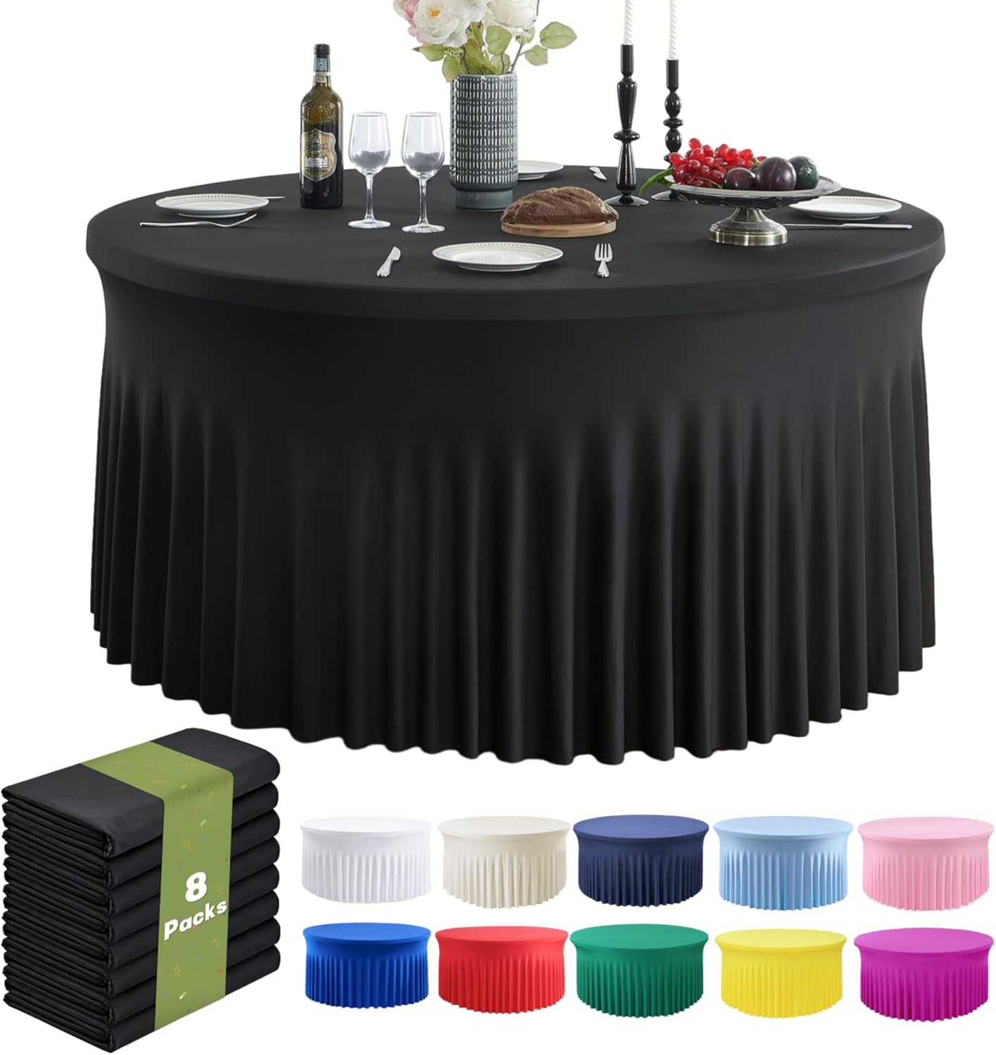 ‪‪❤︎‬ 8 Pack Black Round Spandex Tablecloth for 72inch Table
